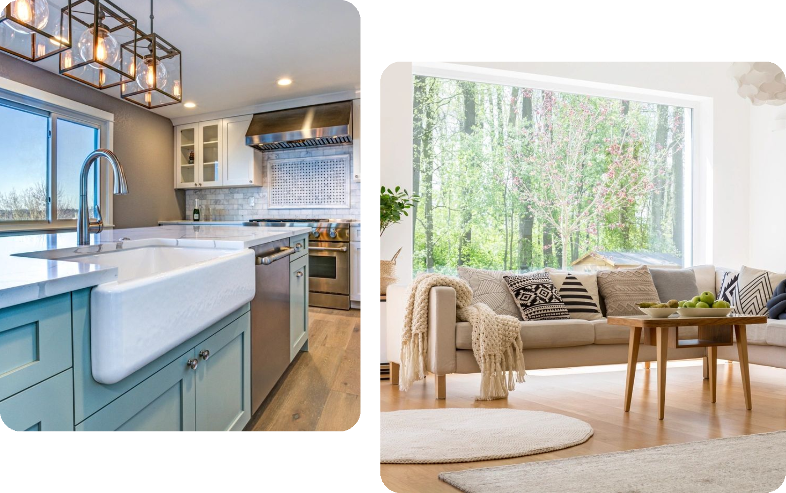 A kitchen and living room with green walls